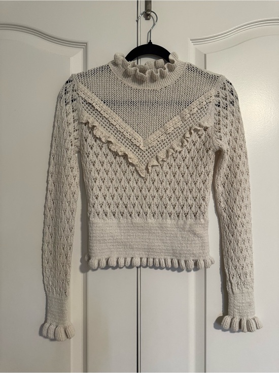 Zara Sweaters - Zara Cream Ruffle Trim Openwork Knit Sweater